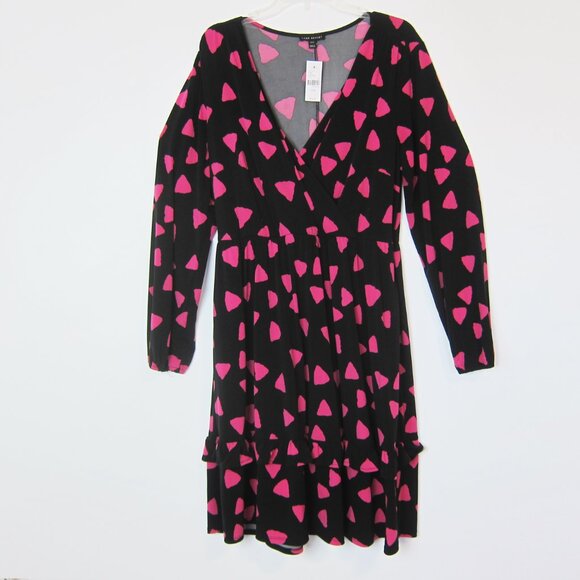 Lane Bryant Fit & Flare Dress 14/16 Black Pink Pockets V-neck Long Sleeves NEW - Picture 3 of 11